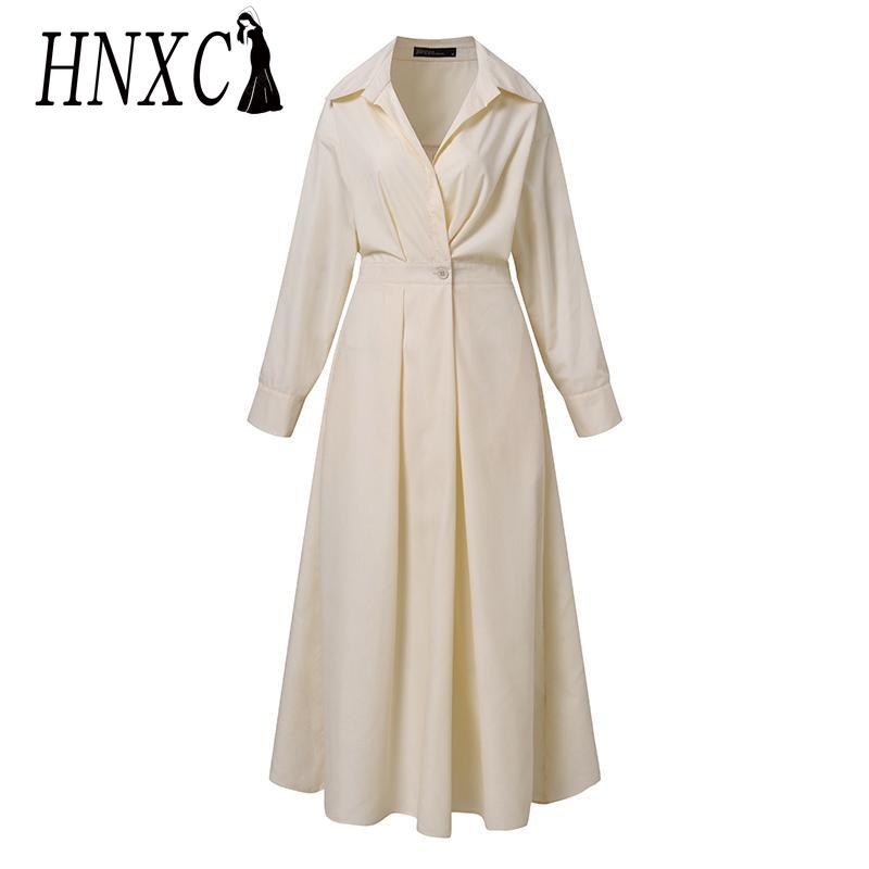 HNXC Women Casual Loose Long Dress Turn-down Collar Long Sleeve