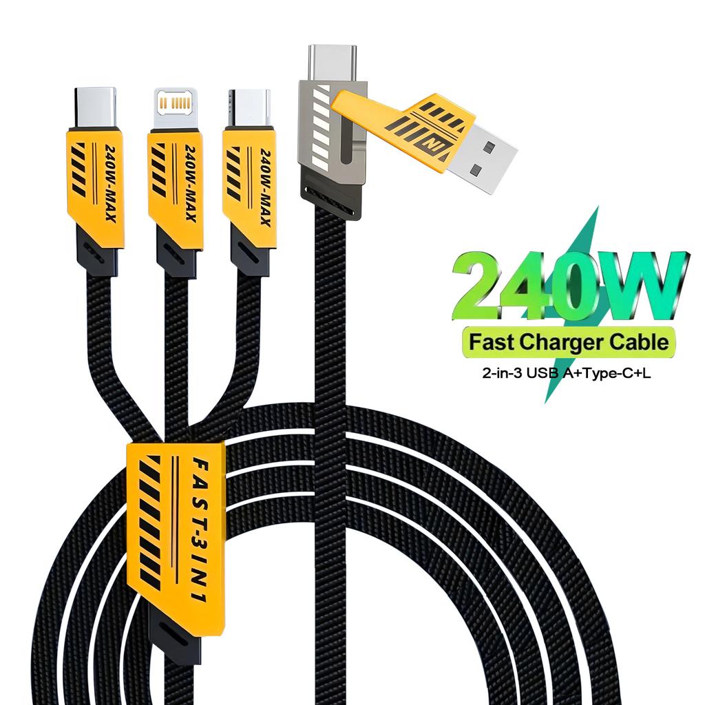 240W 2 In 3 USB PD Fast Charging Cable Type C Micro IOS Multi Charger Cable for iPhone Huawei Samsung Nylon Braided Cord