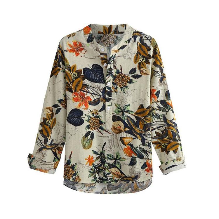 Women Floral Button Long Sleeves Shirt Casual Loose Soft Blouse Crew Neck Tshirt Tops uygun