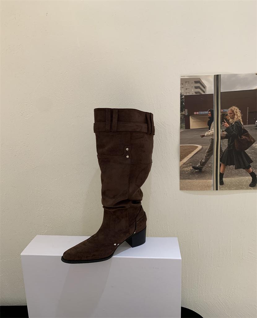 2025 New French Pointed Belt Buckle Wide Tube Thin European and American Style Thick Heel Boots Street Style Wear