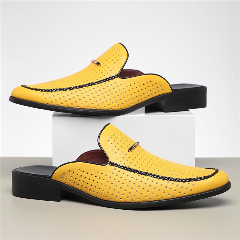 New Men's Yellow White Black Half Slippers Driving Shoes Casual Patent Leather Mules Moccasins Breathable Loafers Zapatos Hombre