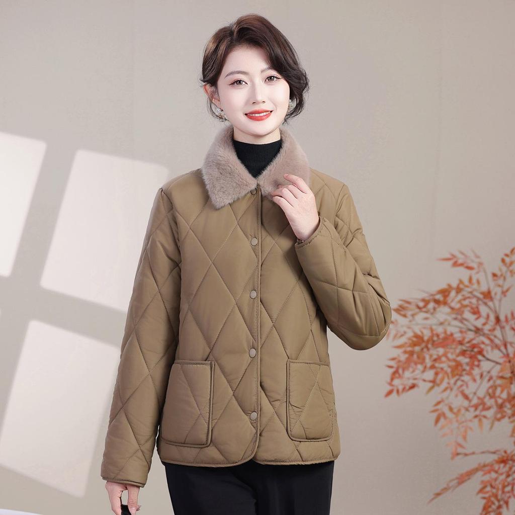 Warm Cotton Lapel Jacket with Fur Collar for Middle-aged & Elderly Women - Loose, Plus Velvet, Thickened Winter Outerwear