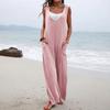 Women Casual Loose Long Bib Pants Sleeveless Wide Leg Baggy Jumpsuits Cotton Romper Overalls with Pockets