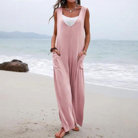 Women Casual Loose Long Bib Pants Sleeveless Wide Leg Baggy Jumpsuits Cotton Romper Overalls with Pockets