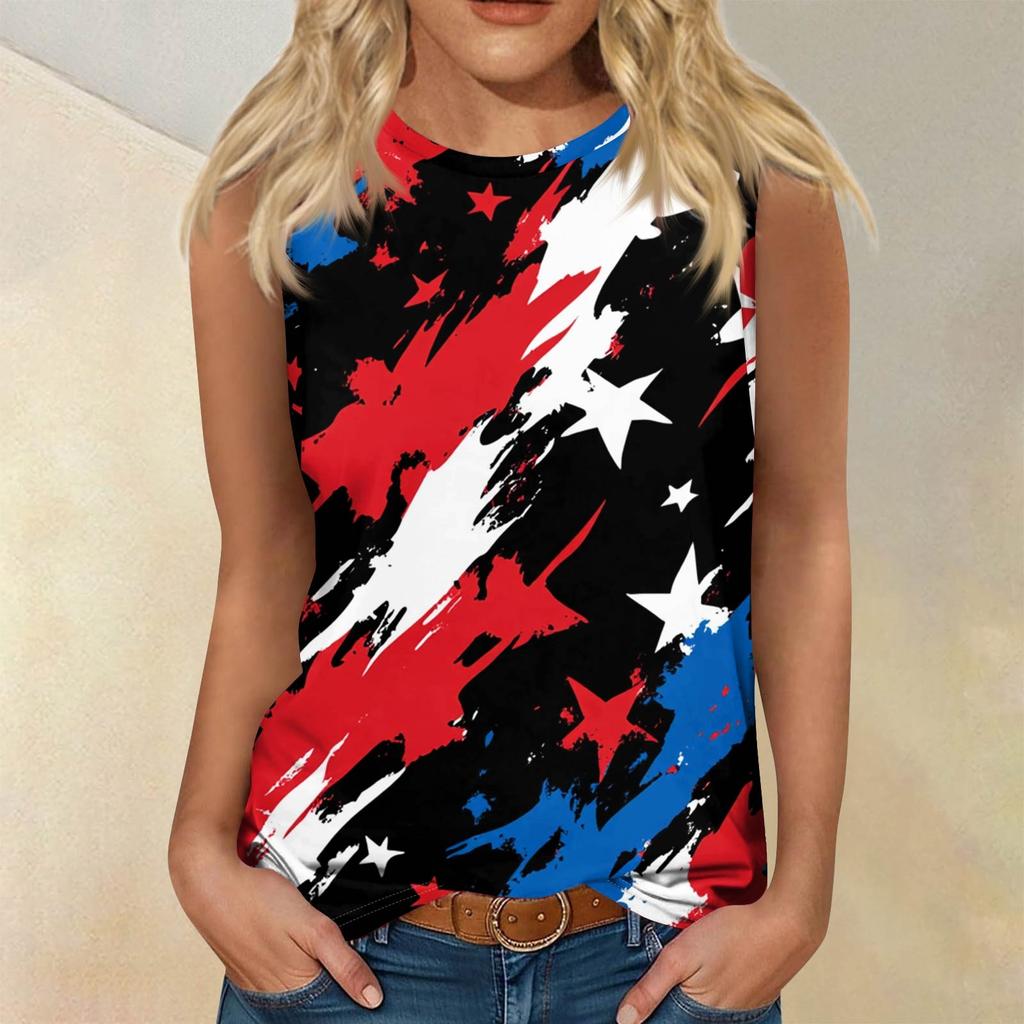 Women's Fashion Casual T-Shirt Round Neck Sleeveless Independence Day Printed Vest Top