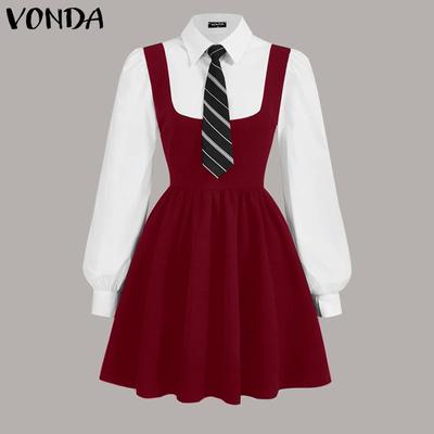 Women Summer Fake Two Piece Long Sleeve Shirt Dresses