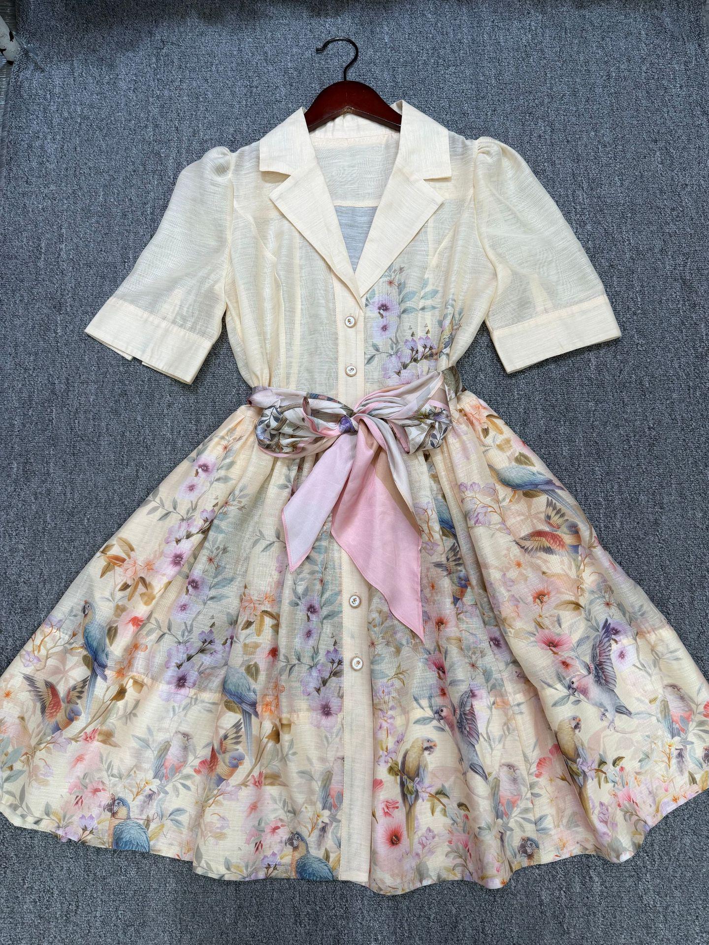 Elegant French Autumn Floral & Bird Print Long Sleeve Maxi Dress with Waist-cinching Shirt Style XXL