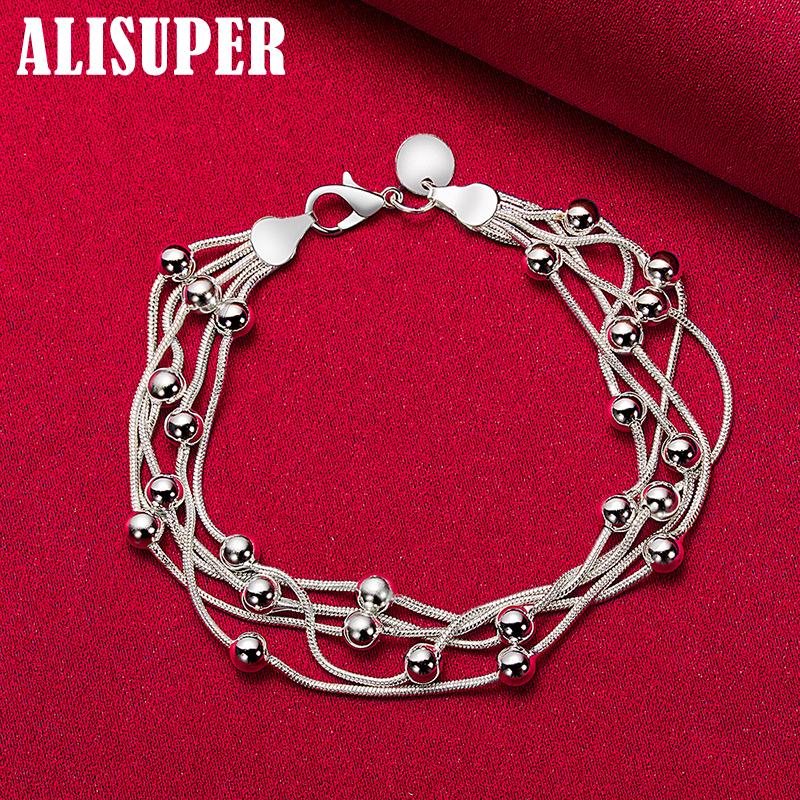925 Sterling Silber Fünf Schlangenkettenarmband Glatte Perlen Silberarmband Schmuck