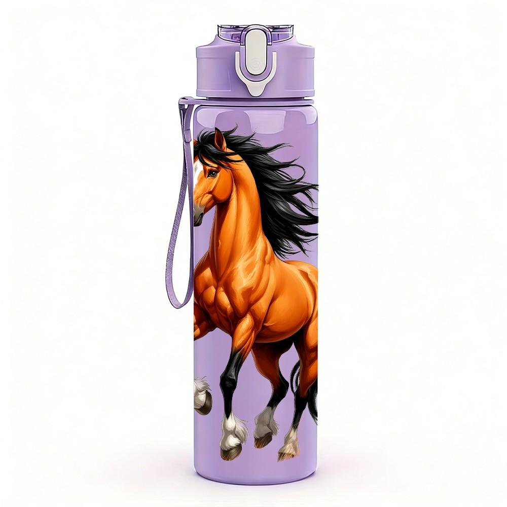 1PC Wild Horse Running Grassland Print 750ml Color Plastic Sports Water Bottle Leakproof Flip Straw Lid Suitable for Sports Office Home Use