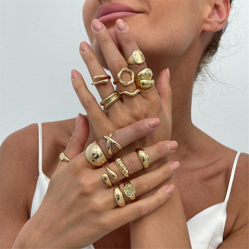 Pack of 12 Pearls Embellished Openwork Irregular Rings Set Alloy Fashion Jewelry Lightweight Hollow Jewelry Set for Women