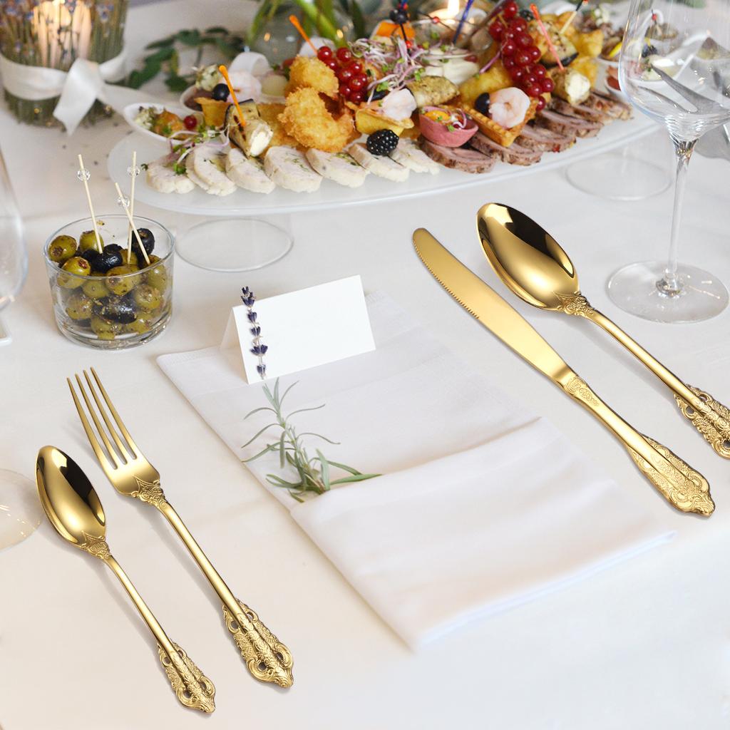 Stainless Steel 304 Retro Relief Tableware Set Four-piece Set Household Gold Western Food Knife Fork Spoon YSH-19