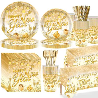 Vaisselle jetable de fête du Nouvel An en or blanc, ballon de champagne doré, assiettes de Nouvel An, serviettes, décors de fête du Nouvel An