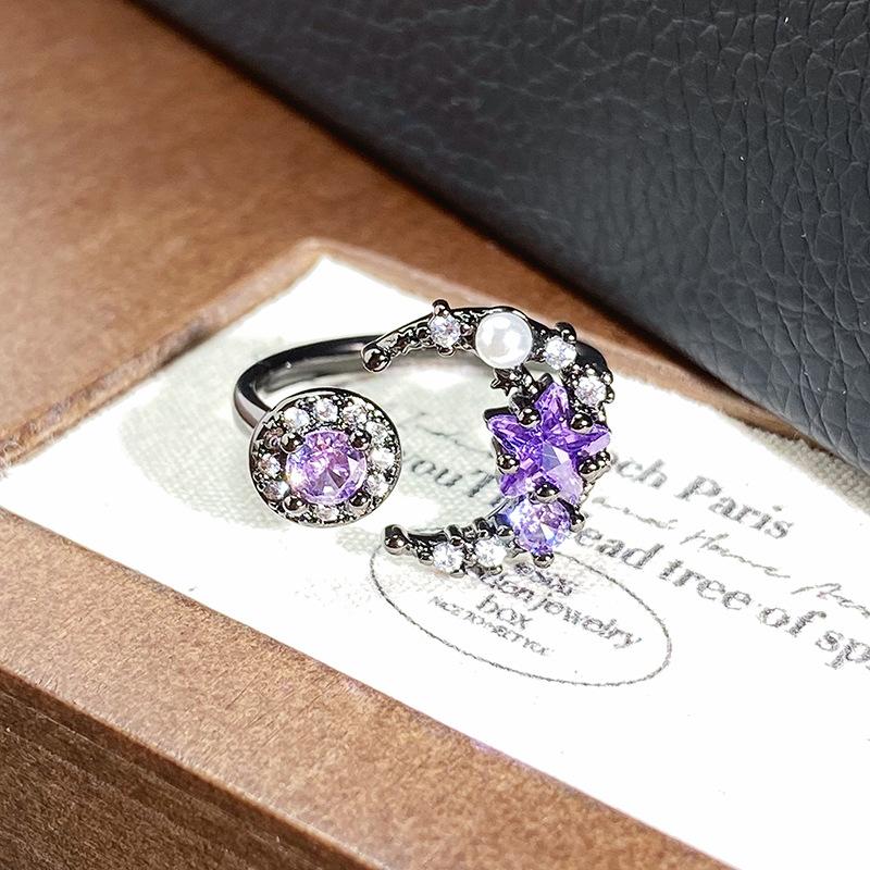 Punk Dark Personality Sweet Cool Moon Fishtail Full Diamond Open Ring Spice Girl Niche Treasure Premium Sense Ring Girl