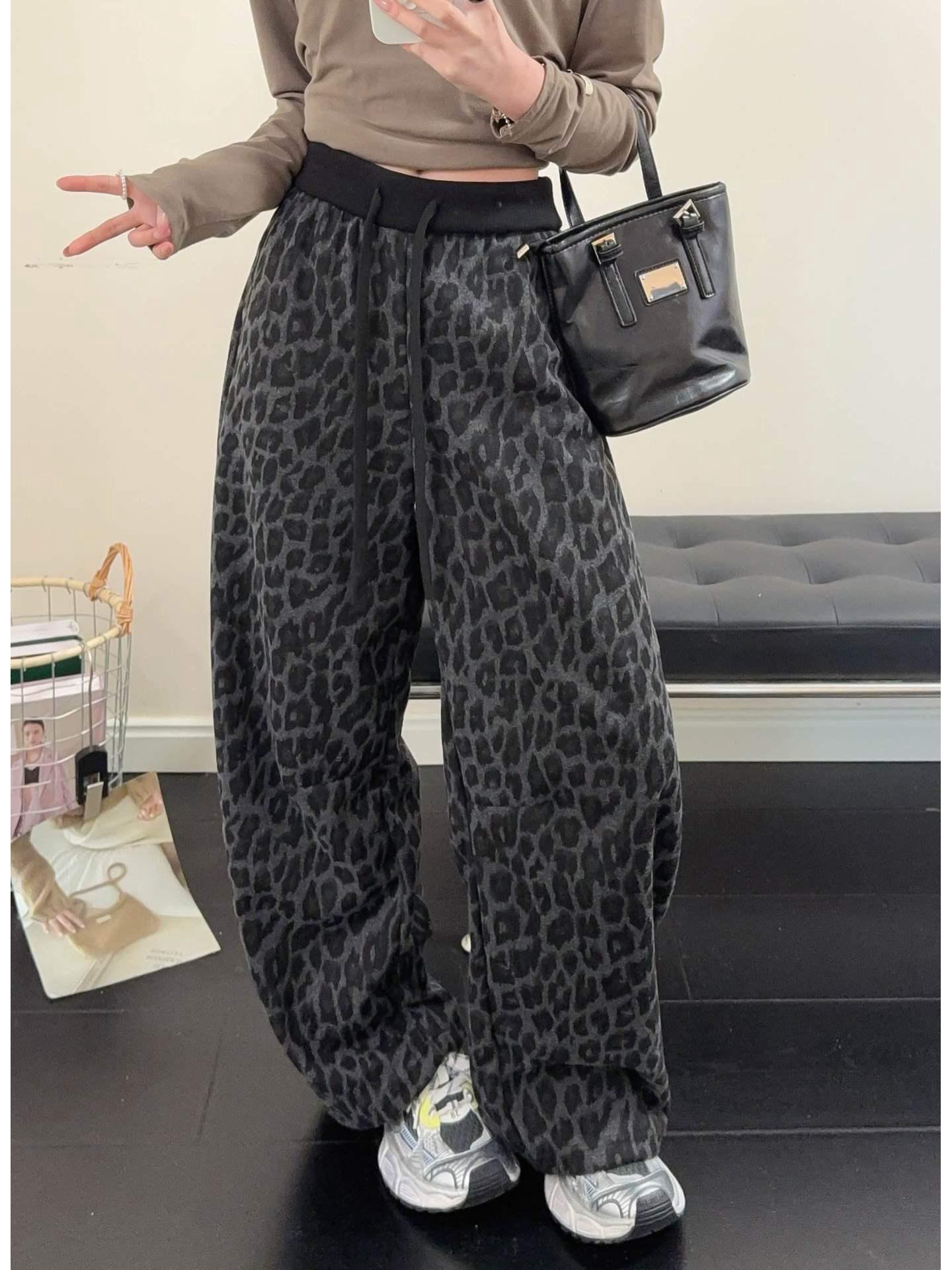 

Korean Style Leopard Print High Waist Wide Leg Pants for Women - Casual, Slimming, and Versatile for Early Spring L