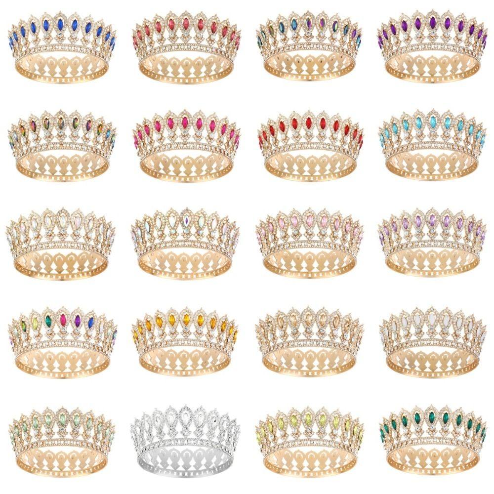 Round Princess Queen Tiara European Crystal Full Crown Metal Bridal Wedding Crowns  Birthday Party