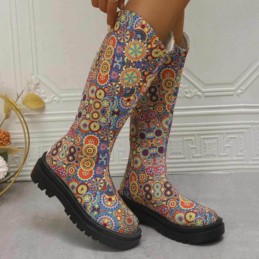 Vintage Floral Pattern Platform Long Boots  Women Fashion Show Style Slip-on Female Mid-Calf Boots Casual Large Size 43 Booties