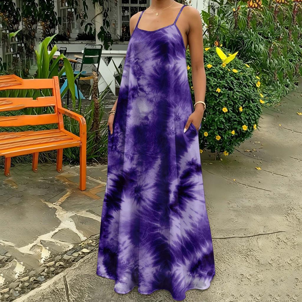 Damen Tie-Dye Maxikleid Ärmellos Spaghettiträger Lässig Lockerer Schnitt Lang Sommer-Sonnenkleid Mit Taschen Für Frühling Und Sommer
