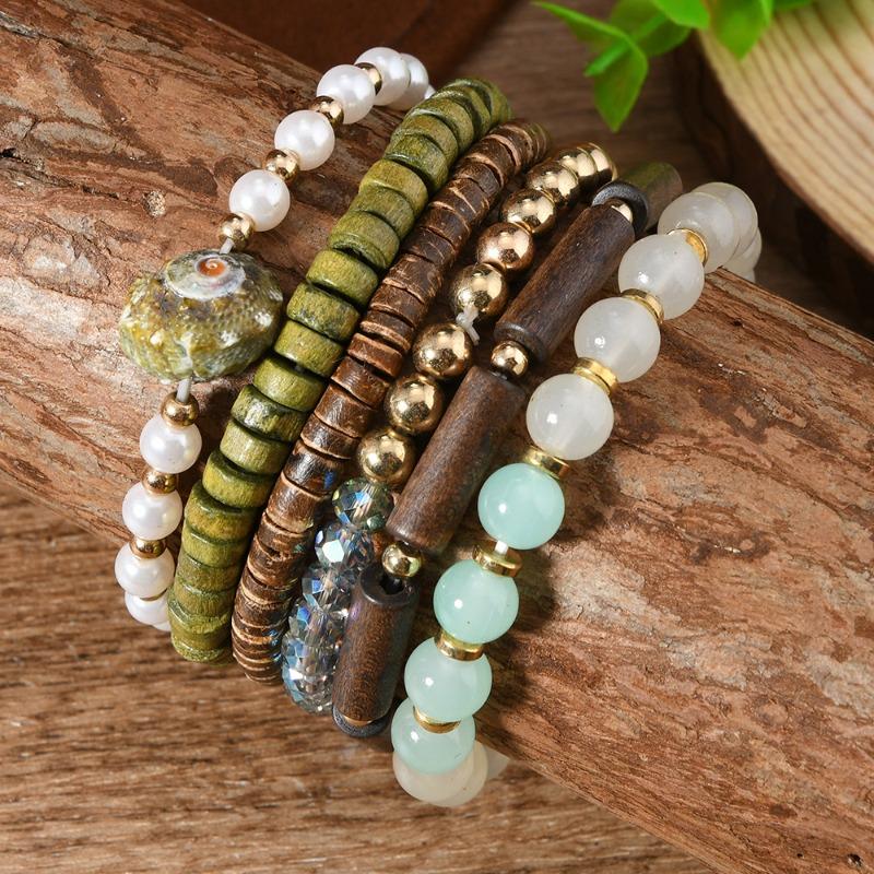New Coconut Shell Wood Beads Beaded Soft Pottery Pearl Stone Leather Men's and Women's Bracelets Bracelets 6-piece Set