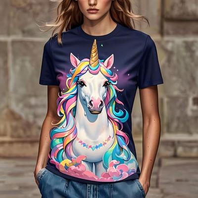 2025 Kadın Tek Boynuzlu At 3D Baskılı Tişört Yuvarlak Yaka Kısa Kollu Nefes Alabilen Tişört Popüler Yaz Modası
