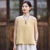 Johnature Women Vintage Tops Summer Chinese Style Solid Color Sleeveless O-Neck Embroidery Tops