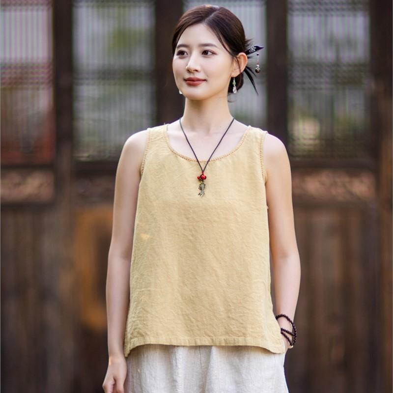 Johnature Women Vintage Tops Summer Chinese Style Solid Color Sleeveless O-Neck Embroidery Tops