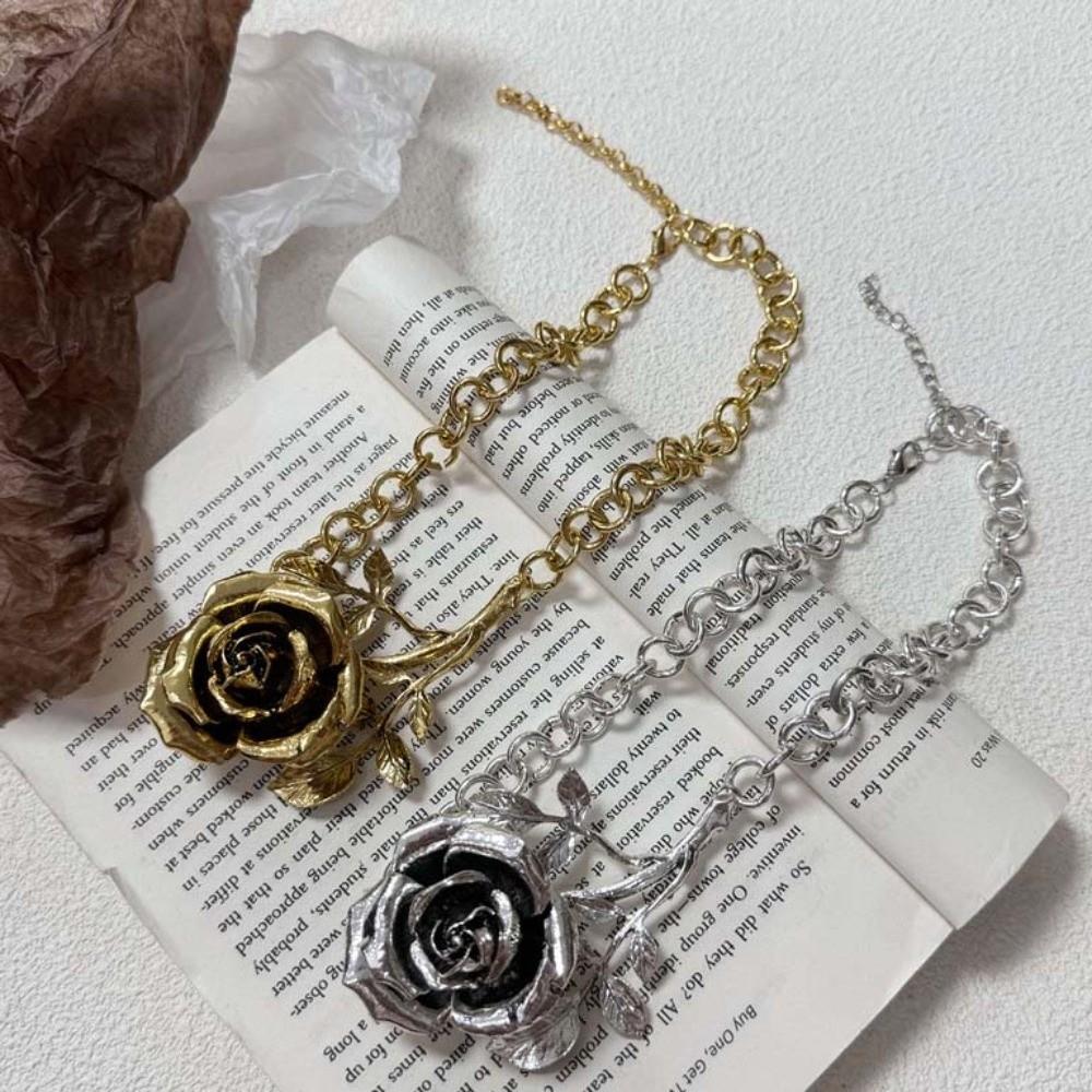 Coarse Exaggerated Flower Necklace Big Neck Chain Metal Rose Necklace  Women