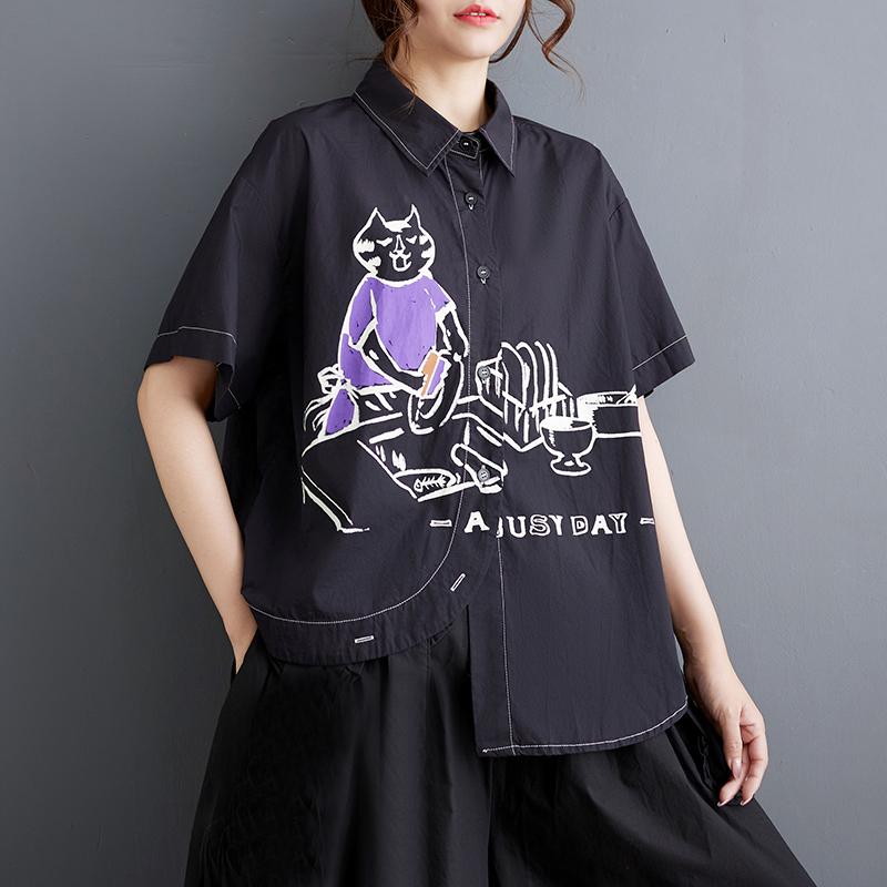 

Dimanaf 2025 Плюс Размер Новая женская летняя блузка Базовая свободная рубашка с принтом Рубашка с коротким рукавом Повседневные топы Футболки Винтаж One Size чёрный