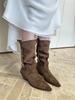 Retro style heightened and thin pleated stacking boots brown Maillard medium boots women's thick heel western cowboy boots short boots