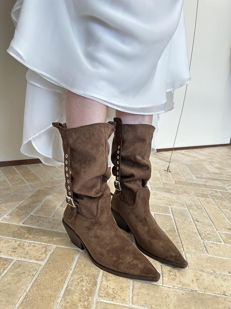 Retro style heightened and thin pleated stacking boots brown Maillard medium boots women's thick heel western cowboy boots short boots