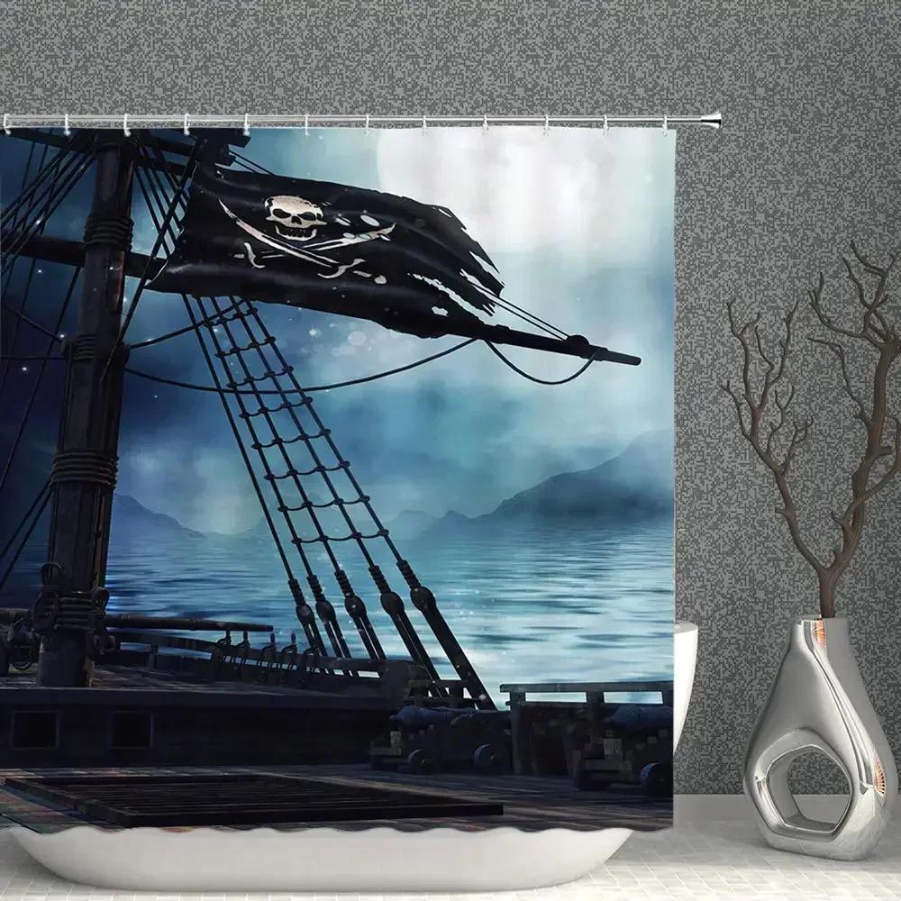 Norse Vikings Ship Shower Curtain Fantasy Boat Art Black and White Color Sailing Dragon Ship Curtain for Bathroom with Hooks