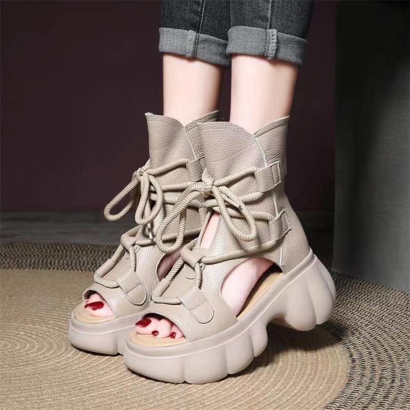 Fashion 2024 New High Quality Women Sandals Handmade Retro Wedges Heel Sandals Ladies Summer Back Zipper Platform Roman Cool Boots