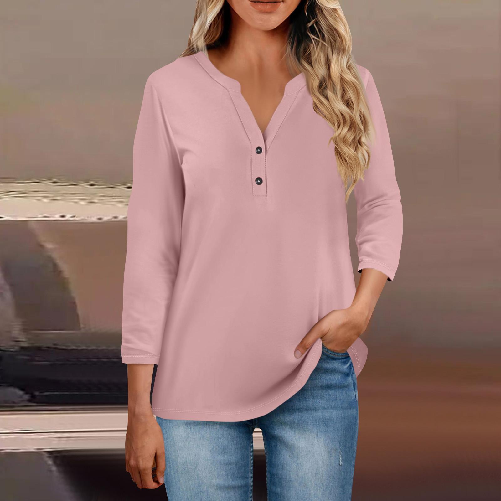 

Женские топы с воротником на пуговицах, женские повседневные топы с рукавом 3/4 и v-образным вырезом, модные рубашки с принтом, топы, футболки с карманами XL розовый