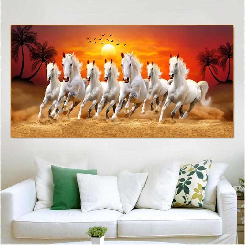 Seven Horses Running In Sand Canvas Painting Wall Art Sunrise Horse Group Posters and Prints for Living Room Wall Decor Cuadros