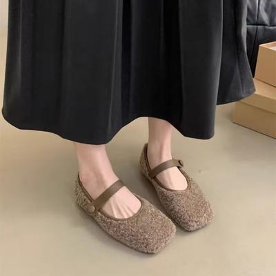 Fashion Square Toe Cosy Lambswool Ballet Flats Woman Warm Teddy Fur Mary Jane Shoes Ladies Brand Design Elegant Fluffy Plush Loafers