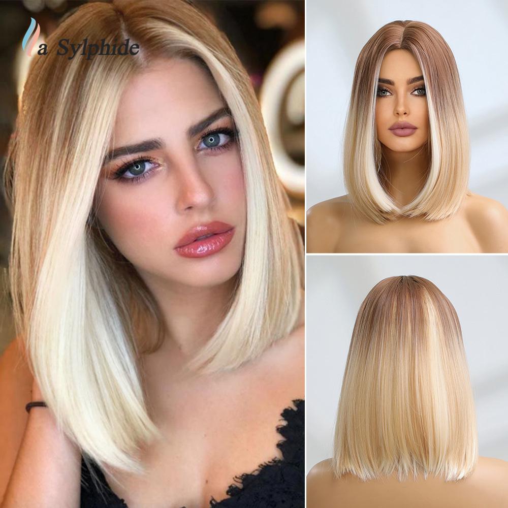 

oneNonly Коричневый Ombre Blonde Парик Боб Короткий парик Прямые натуральные парики для женщин Ежедневные высокотемпературные волосы