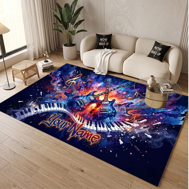 Music Guitar Theme Soft Crystal Velvet Rug Custom Name & Text Print Non Slip Floor Rug for Bedroom Living Room