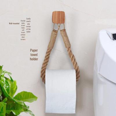 Hemp Rope Tissue Holder: Solid Wood & Cotton Woven Towel Rack, Creative No-Drill Roll Paper & Face Towel Storage Shelf