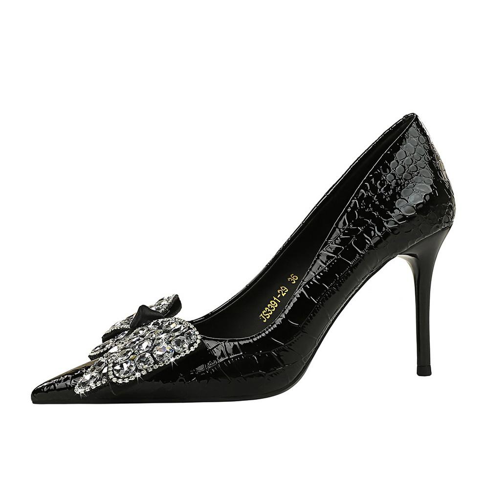 Thin Heel Stone Pattern Lacquer Skin Shallow Mouth Pointed Water Diamond Bow Tie Single Shoe High Heel