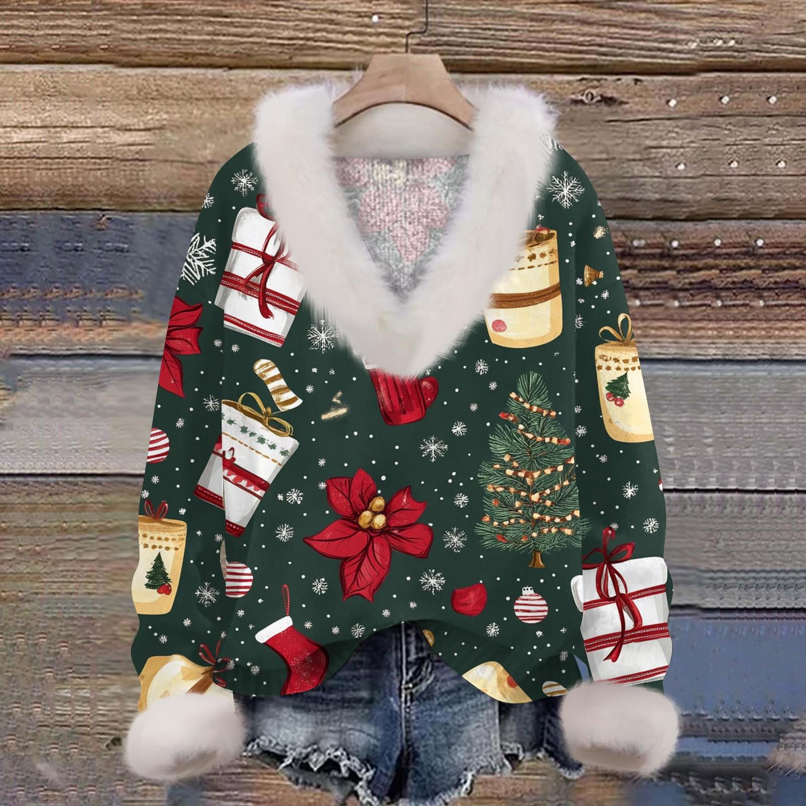Женская толстовка с длинным рукавом, рождественским принтом, плюшевым воротником, V-образным вырезом, пуловер XXL