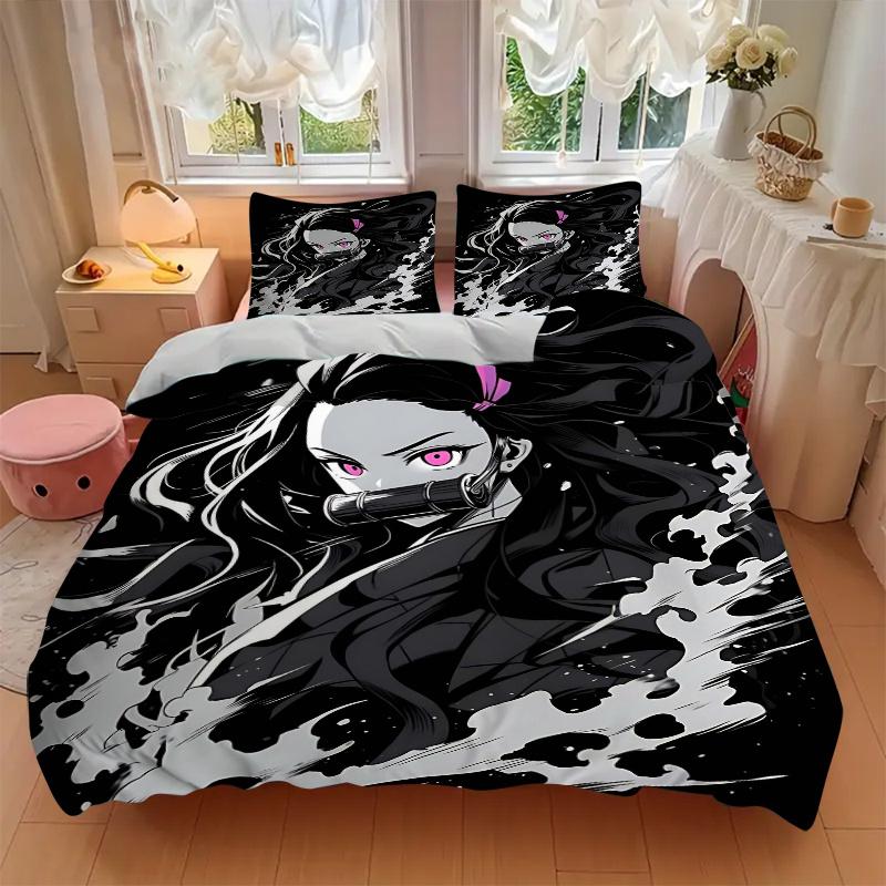 3pcs Kamado Nezuko Printed Quilt Set - Includes 1 Quilt Cover and 2 Pillowcases, Machine Washable - Suitable for All Seasons.H057