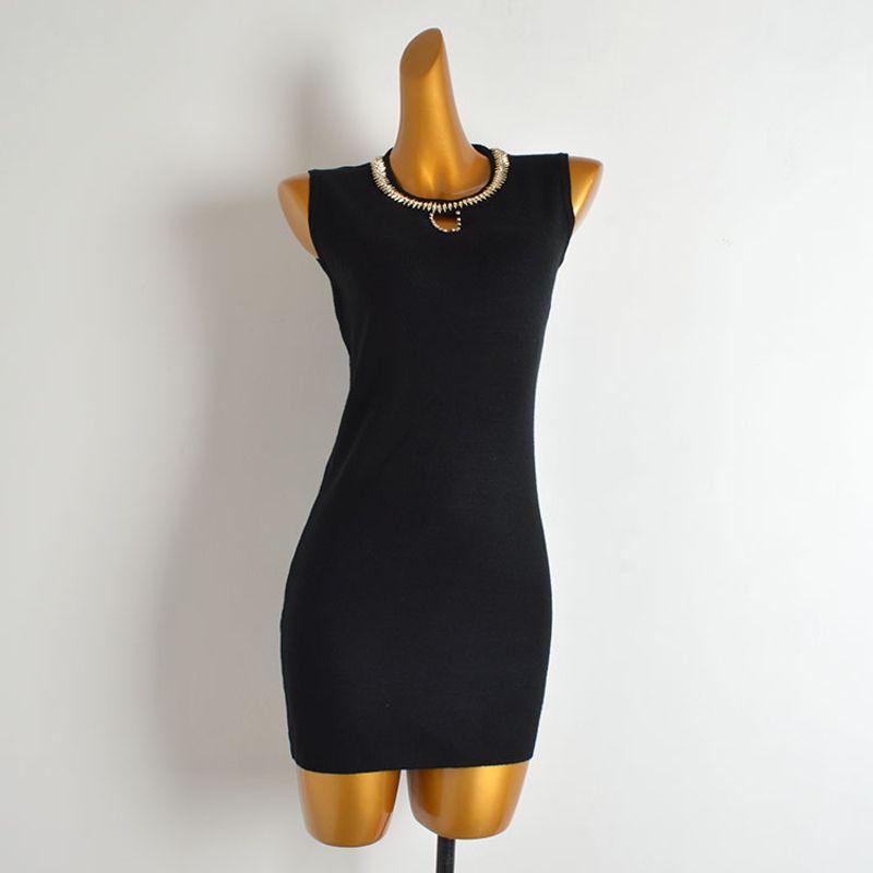 Summer New Arrival Pure Color Series Round Neck Bead Sleeveless Knitting Dress Women's Clothing Silm Mid Length Long Length Bodycon Dress