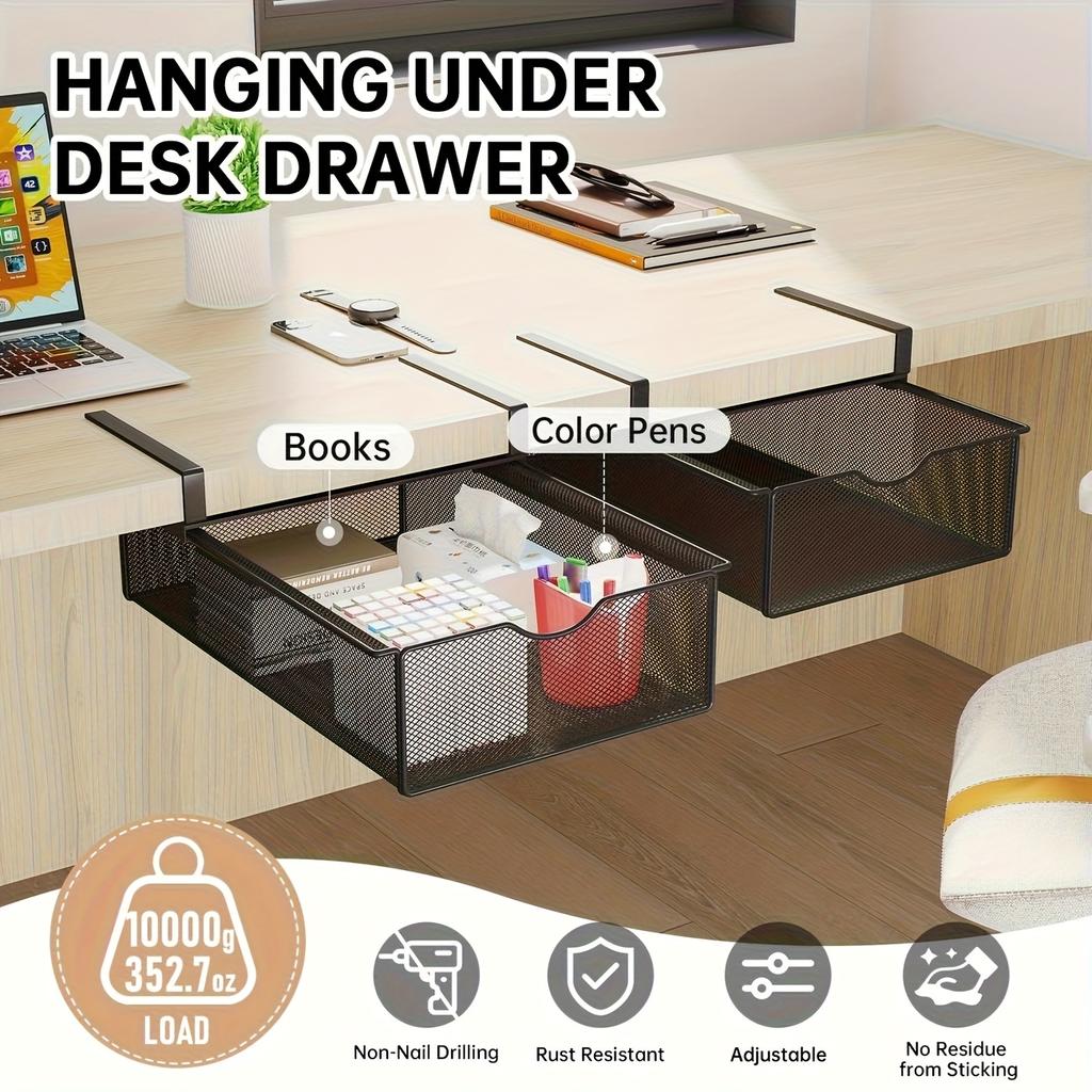 Metal Mesh Basket Storage Basket Hanging Under The Table, with Pull-out Drawers - Adhesive Type, for Convenient Storage