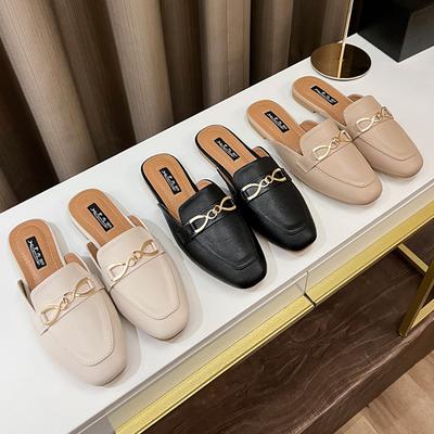 Fashion Brand Metal Chain Mules Shoes Woman Cover Toe Slippers Ladies Flipflops Flats Sandals Casual Slip On Slides Antiskid Pantuflas
