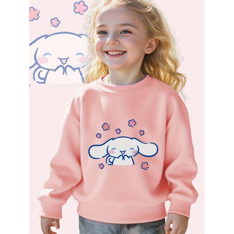 European Size Sanrio Cartoon Printed Girls Casual Sweatshirt Chibi White Ears with Pink Blossoms Children's Sports Long Sleeve Crewneck Pullover