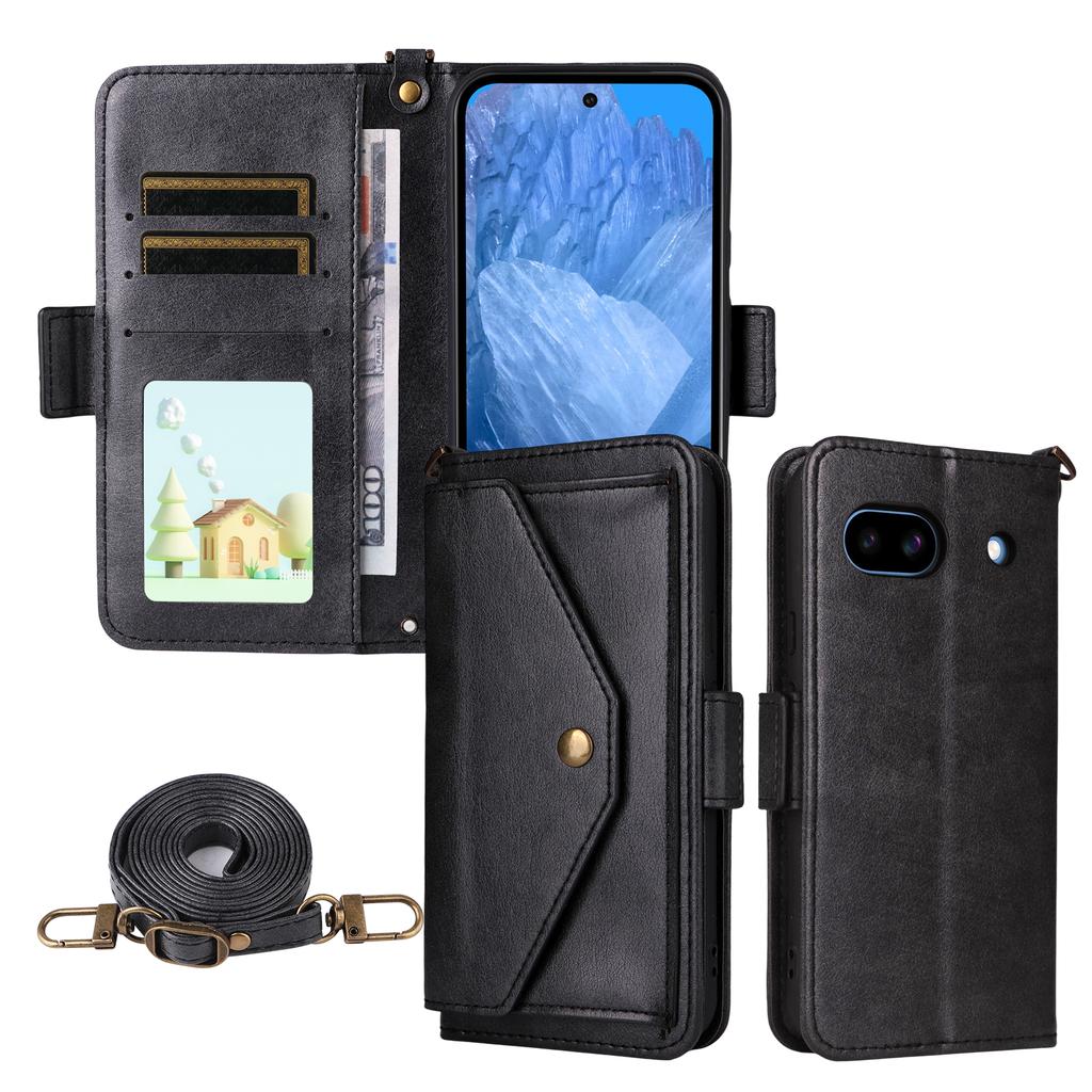 For Google Pixel 8a Leather Case Magnetic Closure Wallet Stand Phone Cover with Crossbody Strap