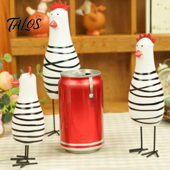 Farmhouse Style Decorations 3Pcs Hand-Painted Wooden Chicken Figurine Set, Cute Animal Desktop Decor with Striped Black Solid Wood Figurines