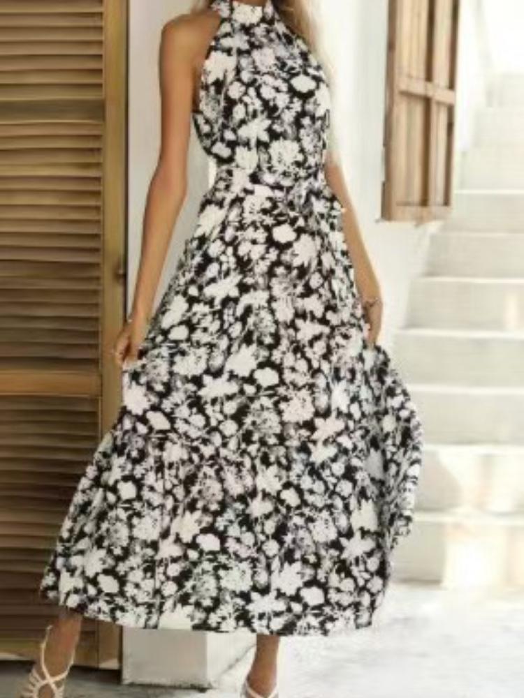 

Жіноча червона квіткова максі-сукня з бретелями на шиї та зав язкою на талії, елегантна літня сукня з бічним розрізом XL