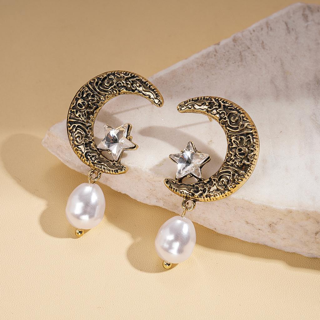 Old Diamond Imitation Pearl Moon Star Silver Needle Earrings Personalized Fashion Earrings