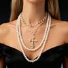 European and American Style Punk Pearl Multi-layer Clavicle Chain Necklace Set, Featuring a Unique Cross Pendant and Beaded Design, Offering a Touch