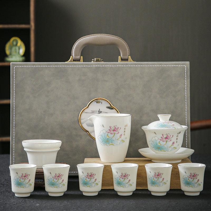 White Porcelain Full Set of Kung Fu Ceramic Tea Set Household Set Gift Box Suet Jade Business Gift Box a Set of Chinese High-end